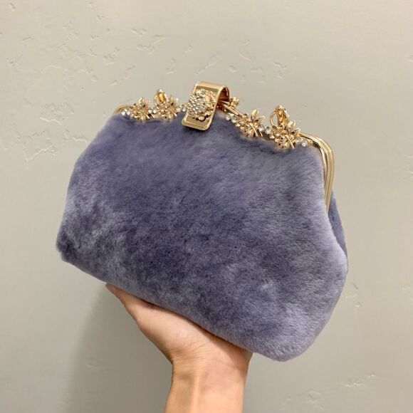 Genuine Shearling Leather Handmade Top Handle Metal Frame Bag & Small Clutch Set - Picture 9 of 16